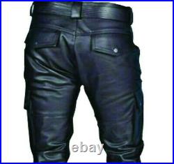 New Men's Real Black Leather Cargo Pants 100% Original Genuine Cowhide Leather