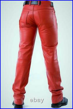New Men's Real Leather Bikers Pants Red Genuine Leather Pants 5 Pockets