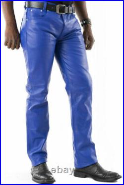 New Men's Real Leather Bikers Pants Royal Blue Genuine Leather Pants 5 Pockets
