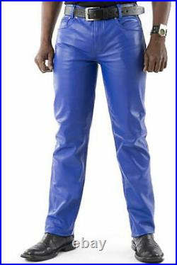 New Men's Real Leather Bikers Pants Royal Blue Genuine Leather Pants 5 Pockets