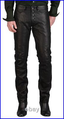 New Men's Regular Fit Genuine Leather Pants Casual Biker Pants Open Button Style