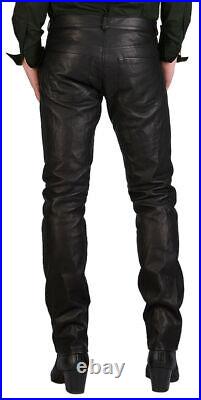 New Men's Regular Fit Genuine Leather Pants Casual Biker Pants Open Button Style