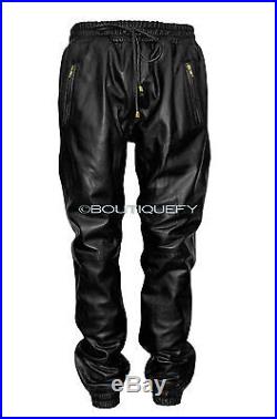 New Mens Black Real Leather Jogging Bottom Trousers Nappa Lambskin Sweat Track