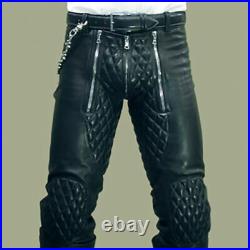 New Mens Genuine Lambskin Handcraft Leather Pant Stylish Quilted Black Trousers
