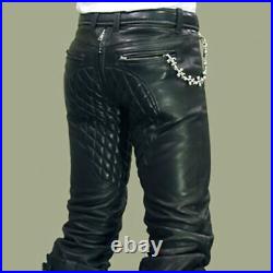 New Mens Genuine Lambskin Handcraft Leather Pant Stylish Quilted Black Trousers