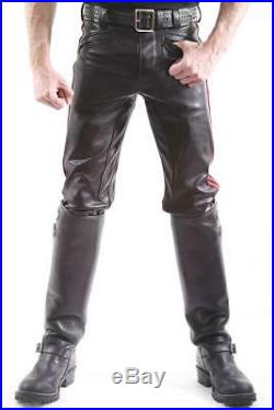 New Mens Genuine Leather Breeches Ankle Zipper Side Stripes Boot Pants Gay kink