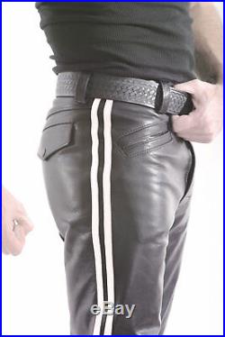 New Mens Genuine Leather Breeches Ankle Zipper Side Stripes Boot Pants Gay kink