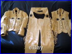 New Mens Handmade Western Cow Leather Jacket Vest and Pants Bones, Fringe Beads
