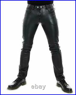 New Real Cowhide Black Leather Slim Fit Biker Pants/Trousers For Men