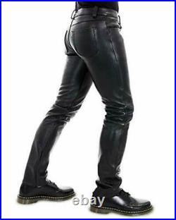 New Real Cowhide Black Leather Slim Fit Biker Pants/Trousers For Men