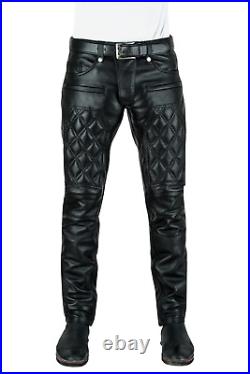 New Real Leather Pants Mens Genuine Soft Lambskin Biker Trouser Quilted Jeans