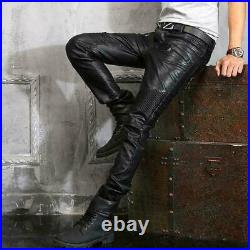 New Sell Men's Slim Fit Genuine Leather Motorcycle Pants Zipper Trousers new