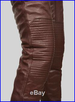 New style pure buffalo leather waxed pants for men soft maroon motorbiker pants