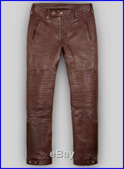 New style pure buffalo leather waxed pants for men soft maroon motorbiker pants
