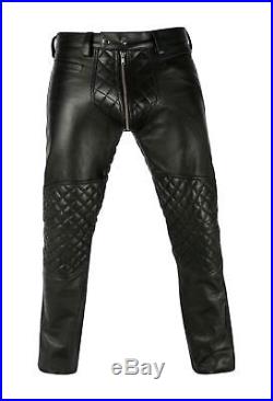 Noora Men's Real Leather Bikers Pants Quilted Panels Double Zips Pant