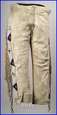 Old 1800's Style Beige Buckskin Suede Leather Beaded Fringes Pant NAP102