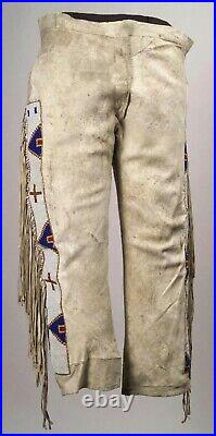 Old 1800's Style Beige Buffalo Suede Leather Beaded Fringes Powwow Pant NAP102