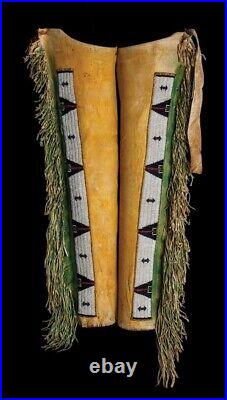 Old Antique Look Tan Hand Colored Suede leather Fringe Beaded Leggings NCP09