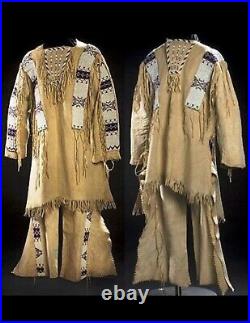 Old Style Beige Buckskin Suede Leather Beaded Fringe Powwow War Shirt & Pant B40