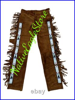 Old Style Mens Beige & Brown Suede Leather Fringes Beaded Powwow Pant NAP825