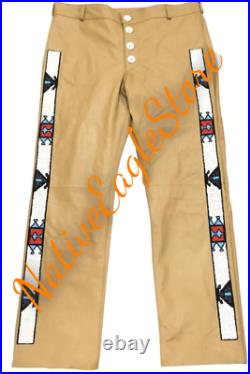 Old Style Mens Tan Leather Fringes Beaded Powwow Regalia Pant NAP1241