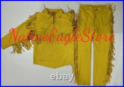 Old Style Tan Leather Mountain Man Fringe Western Rendezvous Shirt Pant All Size
