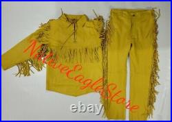 Old Style Tan Leather Mountain Man Fringe Western Rendezvous Shirt Pant All Size