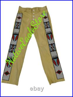 Old Style Western Mens Light Tan Leather Beaded Powwow Regalia Pant NAP48