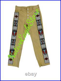 Old Style Western Mens Light Tan Leather Beaded Powwow Regalia Pant NAP48