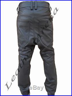 Original Black Leather Mens Loose Fit Drop Crotch Pant Jeans Buttons fly