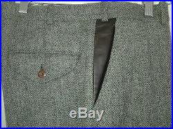 Orvis 100% Wool Men's 42 Gray Dress Pants Herringbone Lined Leather Pockets