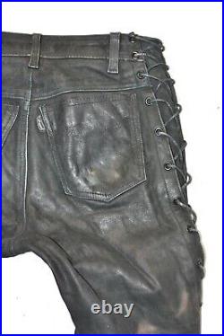 POLO Men's Leather Lace Up Biker Motorcycle Black Trousers Pants Size W28 L35