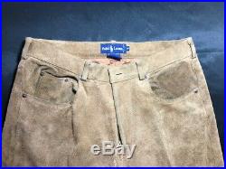 POLO Ralph Lauren Brown Suede Leather Pants Lined Dungarees Mens sz 32 RARE