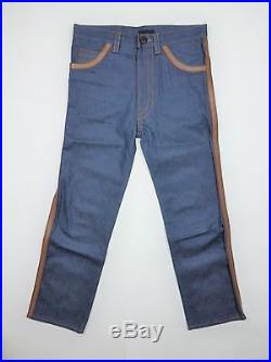 PRADA S/S 2015 RUNWAY Unisex Navy Blue Denim Brown Leather Trim Jeans Pants NWT