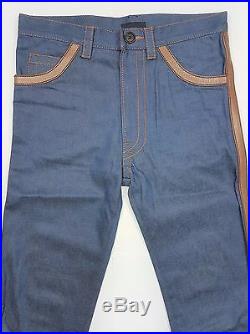 PRADA S/S 2015 RUNWAY Unisex Navy Blue Denim Brown Leather Trim Jeans Pants NWT