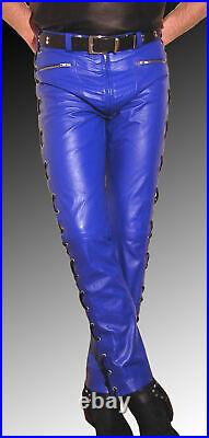 Pant Jeans Leather Mens Style Real Trouser Tight Biker Genuine pockets Blue 52