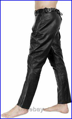 Pant Leather Jeans Style Pants Mens Real Trouser Motorcycle Waist Thick Black 6