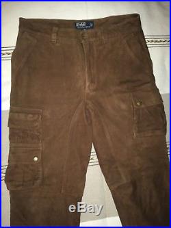 Polo Ralph Lauren Mens Pants Half Lined Brown Suede Leather Cargo 34 X 32 RRL