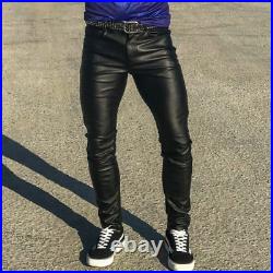 Punk Men Motorcycle Pants Straight Leg Windproof Faux Leather Trousers Low Pants