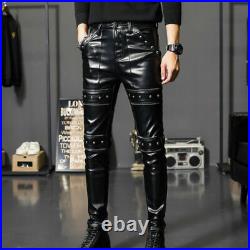 Punk Men PU Faux Leather Pants Trouser Rivet Studded Slim Fitted Party Club New