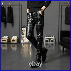 Punk Men PU Faux Leather Pants Trouser Rivet Studded Slim Fitted Party Club New