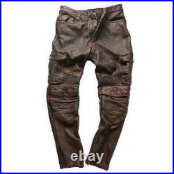 Punk Mens Real Cow Leather Motorcycle Pants Slim Fit Vintage Style Sports Chic L