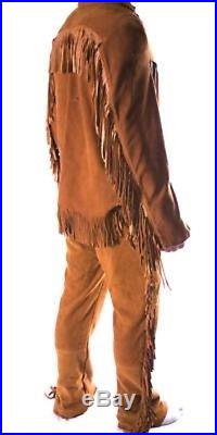 QASTAN Men's New Native American Buckskin Color Suede Leather Jacket & Pant WS1