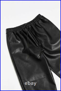 QAWACH Men's Black Genuine Lamb Leather Track Joggers Pants Black Leather Pants