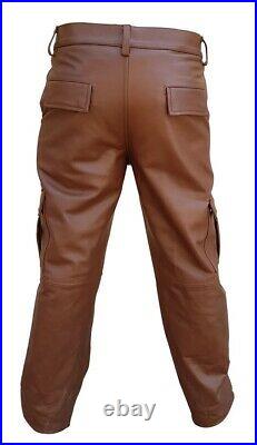 Qmens Cargo Pants Real Brown Leather 6 Pockets Cargo Pants Jeans
