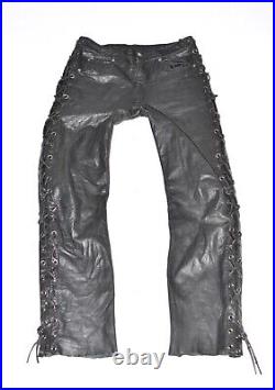 RABERG Men's Lace Up Leather Biker Motorcycle Black Trousers Pants Size W30 L31