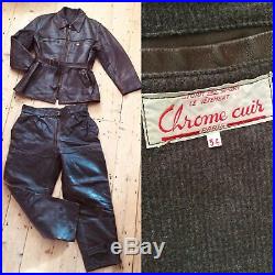 RARE 1940s 1950s French Leather Biker Jacket Trousers Motorcycle Vintage Men