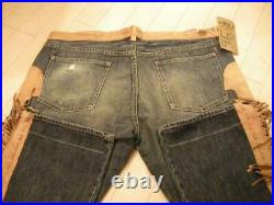RRL Western Leather Denim Pants Men 38 Jeans Used Processing Rare From Japan New