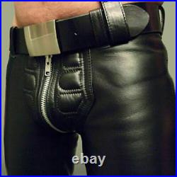 Rahwar Men's Cowhide Leather Pants Double Zip Bikers Trousers Gay