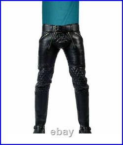 Rahwar Men's Leather Pants Double Zips Pants Jeans Trousers Biker